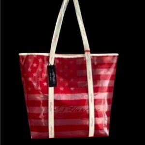ED HARDY Patriotic Red Striped Tote Bag with White Handles NWT